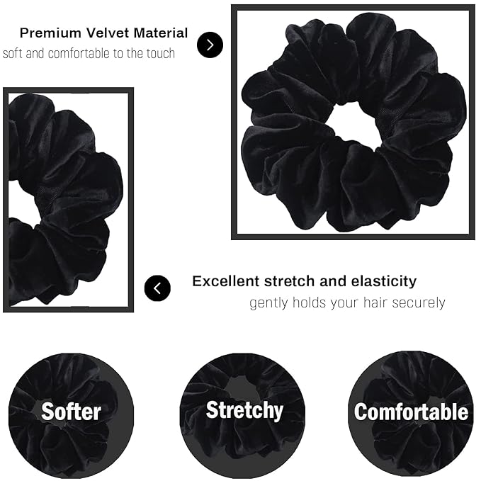 IVARYSS Extra Large Scrunchies for Women's Thick Hair, Premium Velvet Soft Jumbo Scrunchy, XL 6 inch Big Elastic Band Hair Accessories, 4 Pack, Black