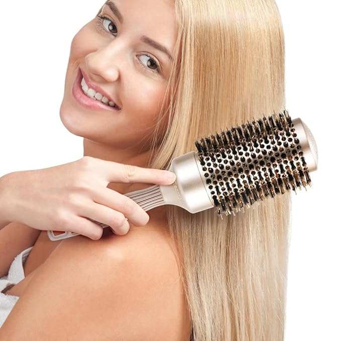 Round Barrel Anti-Static Hair Brush with Boar Bristles, Nano Thermal Ceramic Ionic Tech | For Extra Shine | Protect Hair, Enhance Texture, For Straightening & Drying (2inch)