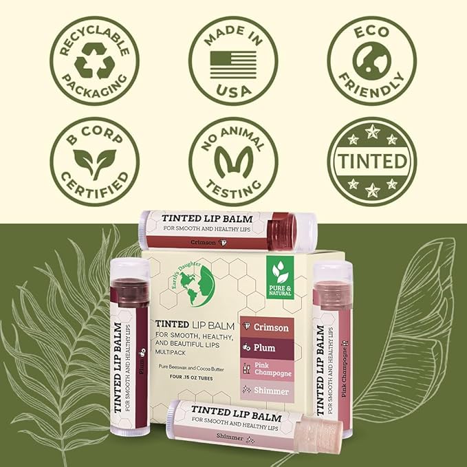Tinted Lip Balm by Earth’s Daughter – 4 Pack of Assorted Colors – Beeswax, Coconut Oil, Cocoa Butter, Vitamin E – Moisturize and Beautify – Paraben Free