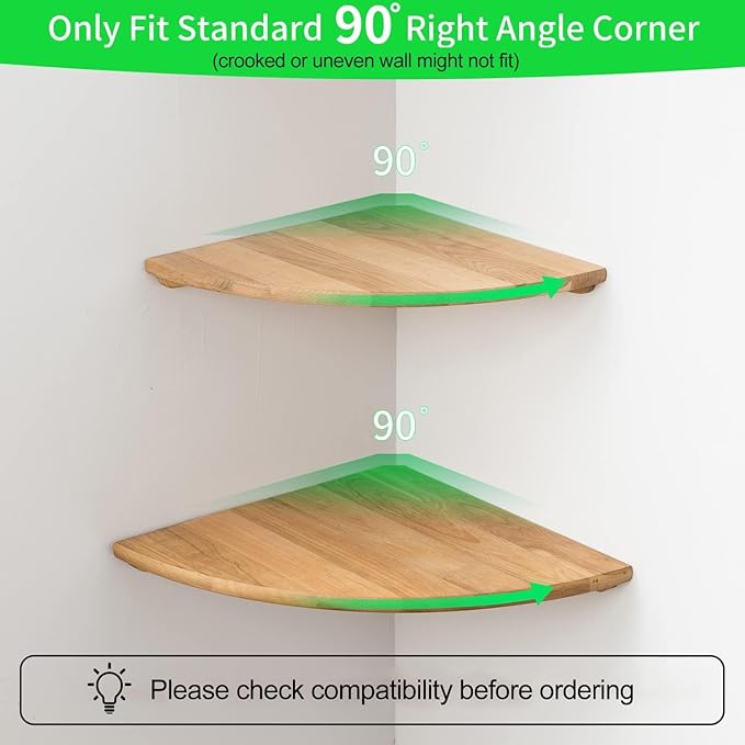 Corner Shelf, Solid Oak Wood Floating Corner Shelf Wall Mount Round End Floating Speaker with Wire Hole for Small Plant Photo for Bedroom Kitchen, Living Room