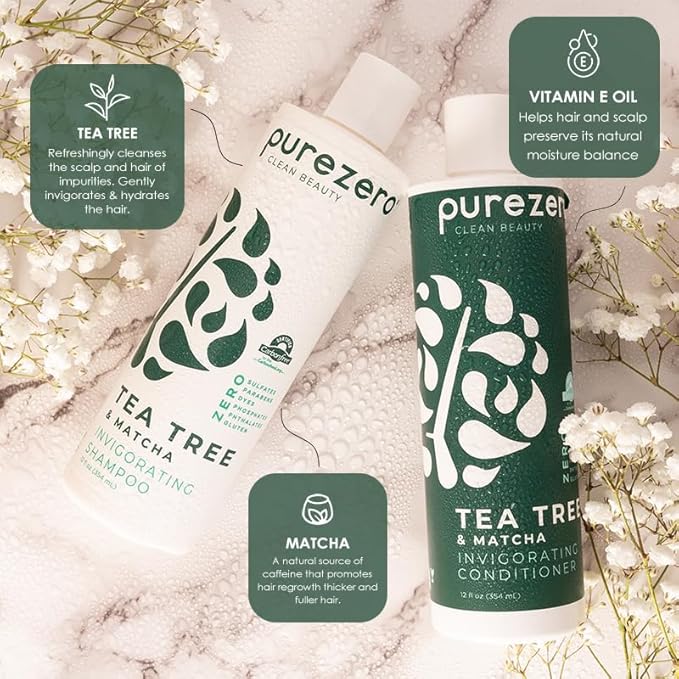 Purezero Tea Tree & Matcha Shampoo and Conditioner Set - Nourishing & Invigorating Scalp Treatment - Zero Sulfates, Parabens, Dyes Vegan and Cruely Free (12 Fl Oz (Pack of 2))