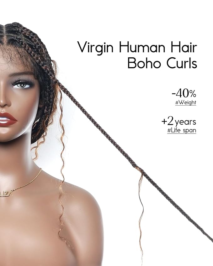 Human Hair Boho Curls Hand-Tied HD Full Lace Wig - 36" Salon-Level Small Box Synthetic Braids (79 Braids, Medium Density) Pre-Cut Swiss HD Lace, Pre-Plucked, Knotless - 1B/30 Ombre Brown
