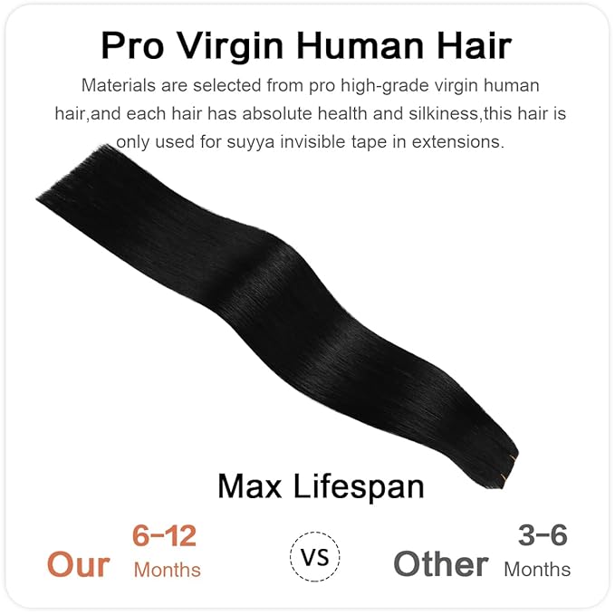 SUYYA Invisible Tape in Hair Extensions Human Hair Jet Black Seamless Injected Hand-Tied Pro Quality Virgin Human Hair 20PCS 40G/Pack Straight Tape Ins(16 inch #1 Jet Black)