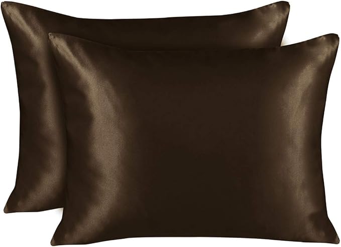 BLISSFORD Brown Satin Pillowcase with Zipper, for Hair and Skin Care, Feels Soft and Cool Like a Silk Pillowcase, Satin Pillow Cases 2 Pack, Slik Pillow Cover, Queen Size, Set of 2