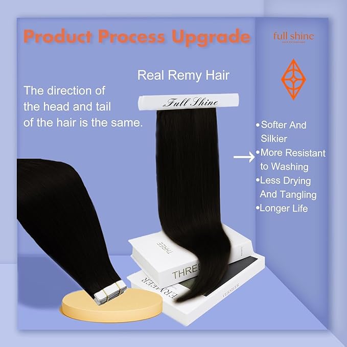 Full Shine Tape in Hair Extensions Human Hair 18Inch Remy Tape ins Human Hair Extensions Color 1 Jet Black Fashion Extension, Seamless Silky Straight Skin Weft 20Pcs 50G Add Length for Wedding