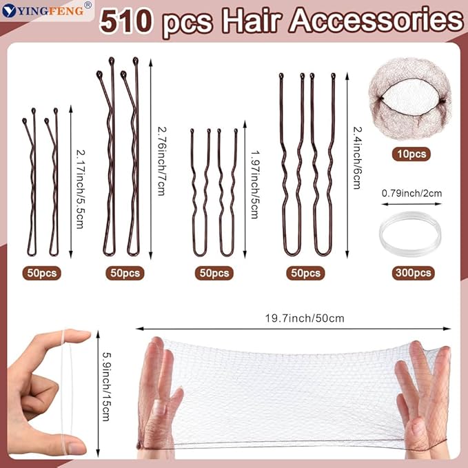 510PCS Brown Bobby Pins Hair Pins Kit with Hair Net, YINGFENG Includes 100 Bobby Pins for Women, 100 U-Shaped Buns Hair Clips, 300 Hair Bands and 10 Brown Hair Nets, Dance competition must haves
