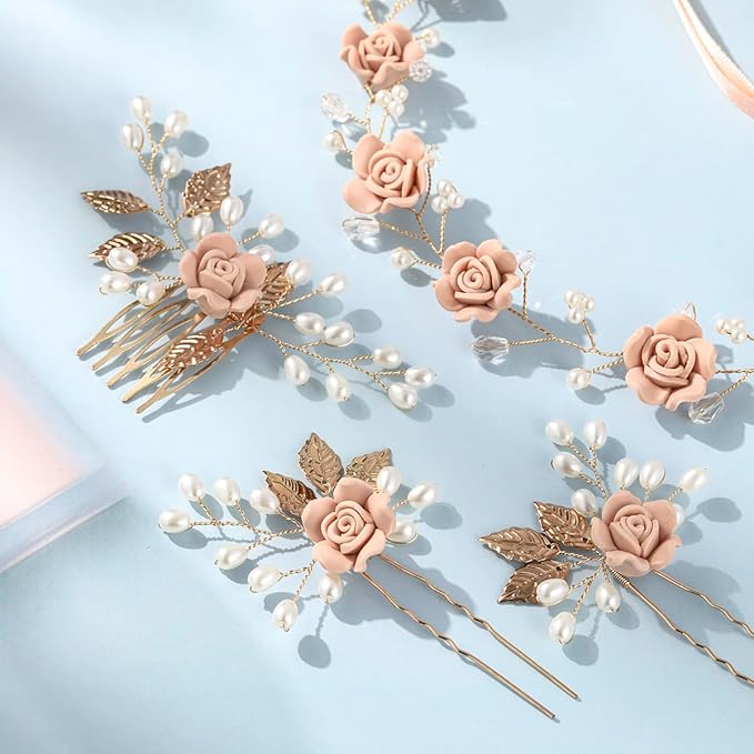 Wedding Hair Accessories Hair pieces Set Crystal bridal hair pins Rhinestone Pearl hair comb Brides and Bridesmaids, Girls, Women(（4PCS/SET PINK)