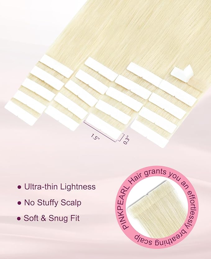 Pinkpearl Invisible Tape in Hair Extensions Human Hair, 20pcs 20inch 55g #60 Platinum Blonde Injection Tape in Extensions Real Remy Straight Seamless Silky Human Hair Injected