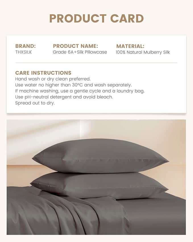 THXSILK Set of 2 Mulberry Silk Pillowcases, 100% Pure Mulberry Silk, 19 Momme 6A+ Grade, Silk Pillowcase for Hair and Skin, King Size Pillow Case with Hidden Zipper, Dark Grey