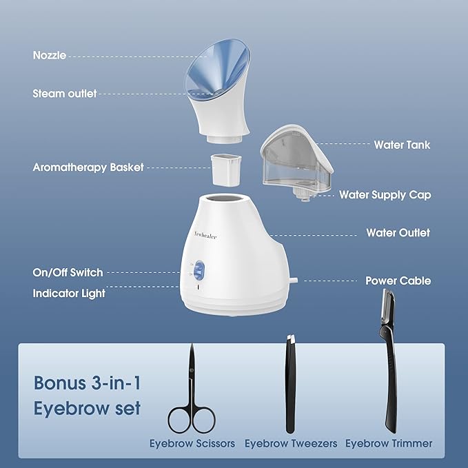 Newbealer 2in1 Facial Steamer, Hot Mist Facial Aromatherapy Humidifier Atomizer, Large Face Steamer Unclogs Pores Sinuses Moisturizing, Home Sauna Spa with Eyebrow Set (Blue, 170ml)