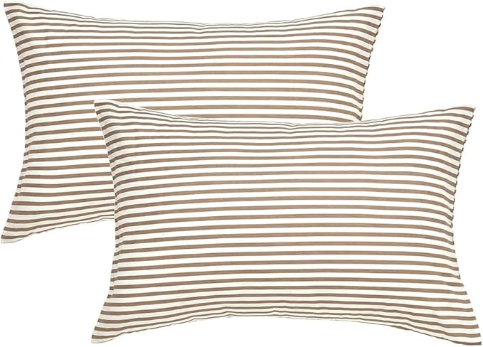 JELLYMONI 100% Natural Cotton Striped King Pillowcases Set, 2 Pack White and Khaki Stripes Pattern Printed Pillow Covers with Envelope Closure(Pillows are not Included)