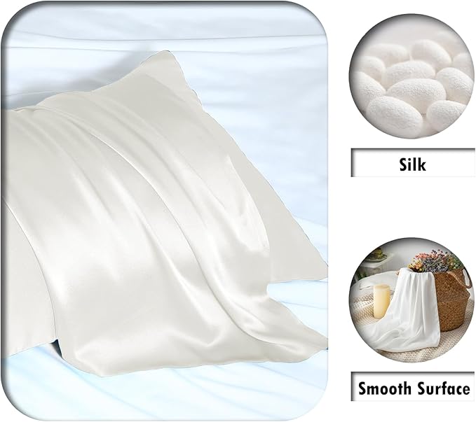 Silk Pillow Cases 2 Pack Soft Breathable and Sliky Standard Size Pillow Cases Set of 2,Natural Mulberry Satin Silk Pillowcase with Hidden Zipper for Hair and Skin (Ivory,20"X 26",2pcs)