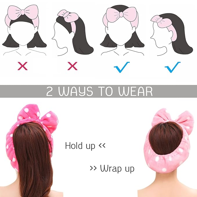 Hairizone 2 Pack Makeup Headbands for Washing Face Shower Spa, Soft and Cute Big Bow Hair Bands for Women and Girls (Light Blue/Roseo)