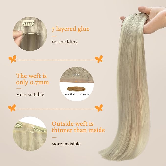 DOORES Seamless Clip-in Hair Extensions - Ash Blonde Highlighted Platinum Blonde, 110g, 7pcs, 18 Inch, Straight Invisi Edge
