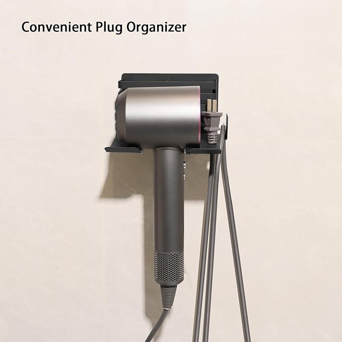 Hair Dryer Holder Wall Mounted with Tool Storage Compartment and Cord Organizer, Metal Blow Dryer Holder for Dyson Hair Dryers (Grey)