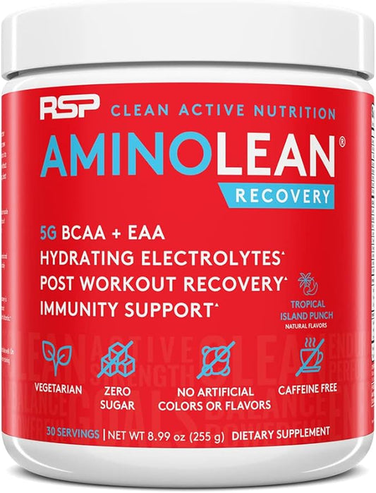 AminoLean Hydrating Electrolyte Powder and Recovery Drink with Sea Minerals, Nootropic Mushrooms, and Vegan Amino Acids, BCAAs + EAAs for Post Workout Muscle Building, Tropical Punch