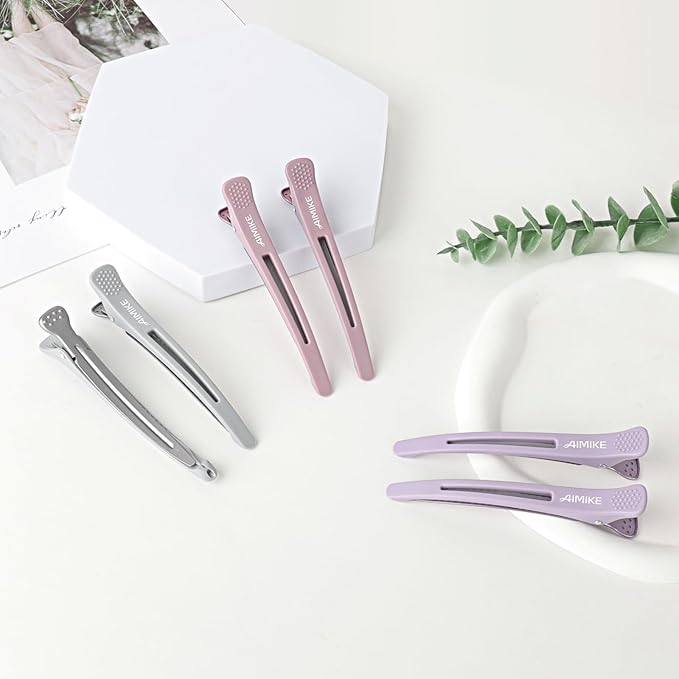 AIMIKE Hair Sectioning Clips with Silicone Band - 6pcs No Crease Duck Billed Clips for Styling, Cutting, and Rollers in Morandi Color
