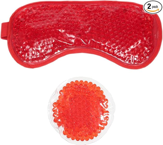 HOT +Cold Aqua Pearls Plush Eye Mask with Soft Plush Backing and Fully Adjustable Strap, Bonus Mini Round pad-2PACKS(Red, Eye Mask+ Mini Round Pad)