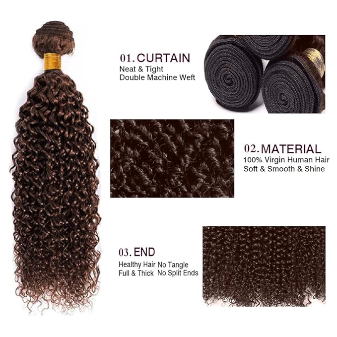 Brown Kinky Curly Bundles Human Hair Chocolate Brown Bundle Niegmeag Brazilian Virgin Remy Hair 3 Bundles 12 14 16 Inch Double Weft Soft and Silky Color 4 Kinky Curly Bundle Hair Weave