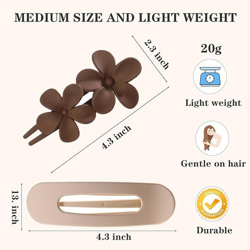 5 Pcs Flat Hair Clips, Medium Lay Flat Claw Clips for Women Girls,2 Styles Strong Hold Non-slip Matte Hair Claws for Thick Thin Hair(Brown&White)