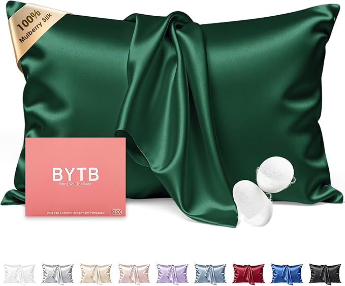 Silk Pillow Cases Standard Size 100% Mulberry Silk Pillowcase for Hair & Skin 22 Momme Both Sided Grade 6A Silk Cooling Soft Breathable 20 x 26 Inches with Hidden Zipper 1PC, Green