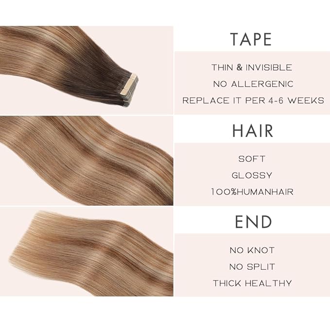 Chestnut Brown to Light Brown Mixed Light Blonde Tape in Hair Extensions Human Hair, 20pcs 16 Inch Remy Hair Extensions Straight Human Hair Tape in Extensions Skin Weft for Women (2/6/18K#,16 Inch)