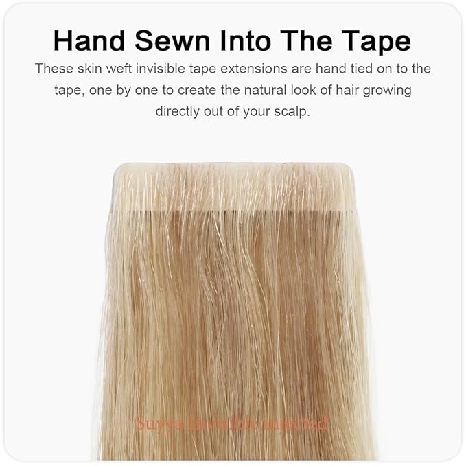 SUYYA Invisible Tape in Hair Extensions Human Hair Seamless Injected Hand-Tied Pro Quality Virgin Human Hair Tape Ins Ash Blonde Highlighted Bleach Blonde 20PCS 50G/Pack Straight(22 inch #P18/613)