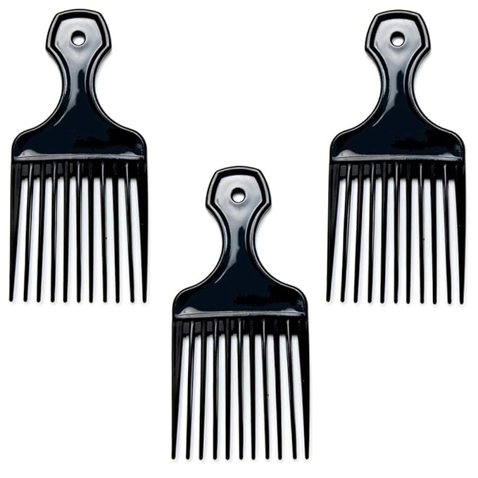 (3 Pack) 6" Plastic Afro Pick Lift Hair Comb Detangle Wig Braid Hair Man Styling Comb (Black_A)