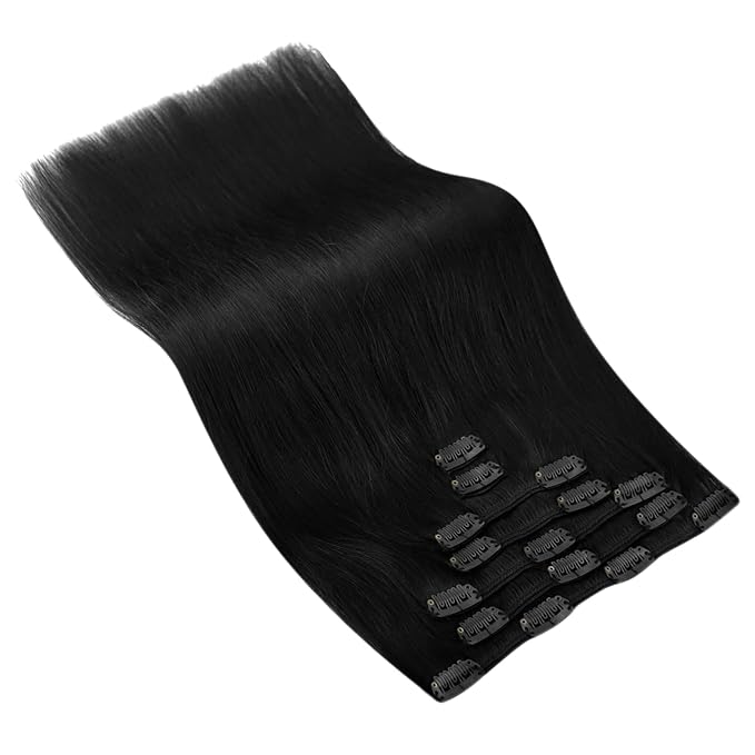 Ve Sunny Clip in Hair Extensions Real Human Hair, Clip on Hair Extensions for Women, Human Hair Clip in Extensions Jet Black Hair Extensions Natural 5pcs 12inch 80g