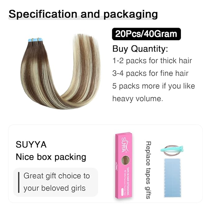 SUYYA Tape in Hair Extensions Human Hair Balayage Chocolate Brown to Bleach Blonde and Chestnut Brown 40g/pack 20pcs Straight Seamless Skin Weft Tape in Real Human Hair Extensions(16inch #P6/613/T4)