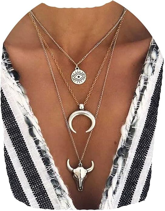 Boho Layered Moon Necklace Silver Compass Disc Pendant Necklace Chain Cow Evil Eye Charm Necklace Jewelry for Women
