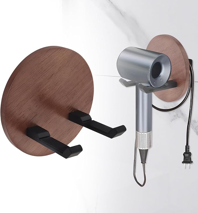 Wall Mounted Hair Dryer Holder, 5.1 Inch Round Shape Walnut Wood Shelf Aluminum Hairdryer Holder,Bathroom Hair Dryer Stand Drill Install (Round Shape Walnut Wood, 1)
