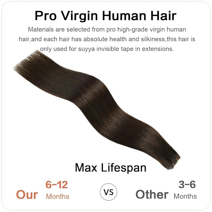 SUYYA Invisible Tape in Hair Extensions Human Hair Darkest Brown Seamless Injected Hand-Tied Pro Quality Virgin Human Hair 20PCS 40G/Pack Straight Tape Ins(16 inch #2 Darkest Brown)