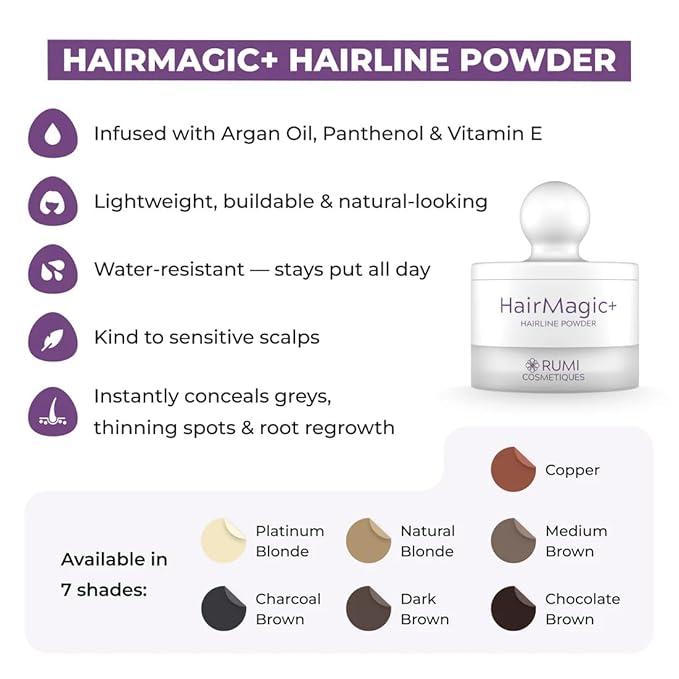 Rumi Cosmetiques HairMagic+ Root Touch Up Powder – Instant Gray Hair Coverage & Hairline Filler – Water-Resistant, Natural Finish, Nourishing Formula with Argan Oil & Vitamin E (Dark Brown)