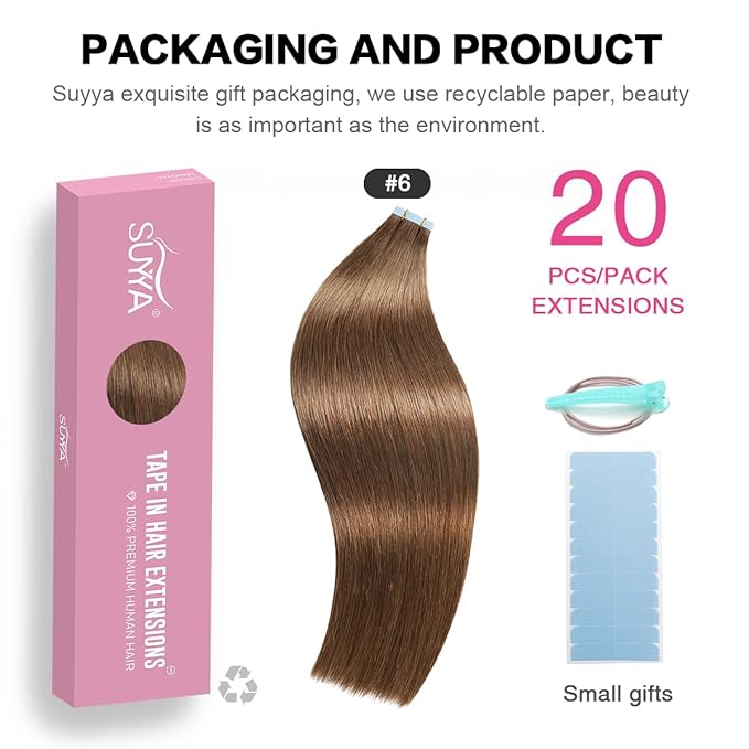 SUYYA Tape in Hair Extensions Human Hair Chestnut Brown 100% Remy Human Hair 40g/pack 20pcs Straight Seamless Skin Weft Tape Real Hair Extensions(16 inches #6 Medium Brown)