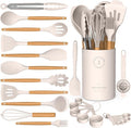 Silicone Cooking Utensils Set - Silicone Kitchen Utensils for Cooking Wooden Handles, 446°F Heat Resistant Kitchen Utensil Spatula Sets w Holder, Gadgets for Non-Stick Cookware BPA FREE (Khaki)