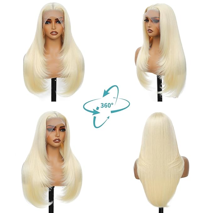 Blonde 13x4 Synthetic Lace Front Wig Layered Hairstyle Pre Plucked Straight Long Glueless Wigs for Black Women 26 Inch