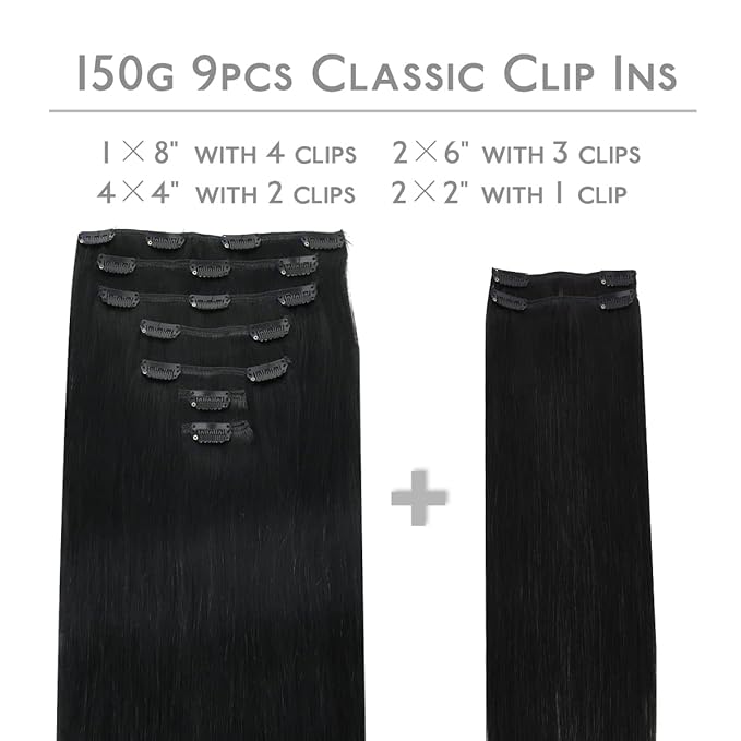 WENNALIFE Clip in Hair Extensions, 150g 14 Inch 9pcs Jet Black Remy Hair Thicker Double Weft Extensiones De Cabello Humano Con Clip Ins Straight Full Volume