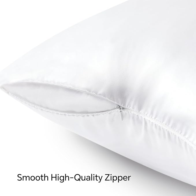 BEDELITE Satin Pillowcase with Zipper 2 Pack, White Pillow Cases Standard Size, Super Soft and Cooling Similar to Silk Pillow Cases, Gift for Women Men(20x26 Inches)