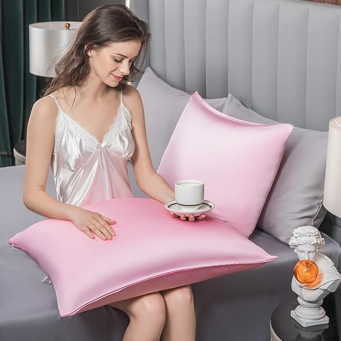 Mulberry Silk Pillowcase for Hair and Skin,Standard Size Cooling Silk Pillow Case with Hidden Zipper,Allergen Proof Dual Sides Soft Breathable Smooth Silk Pillow Cover for Women(King,Pink)