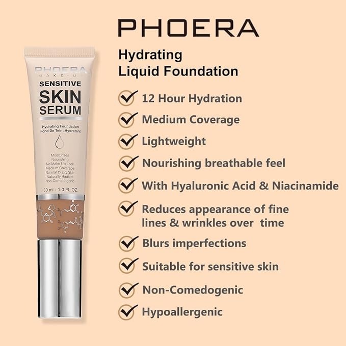 PHOERA Essence Foundation, Hypoallergenic Full Coverage Foundation Serum, Hydrating Light, Matte Oil Control.(N03 Buff Beige, norm)