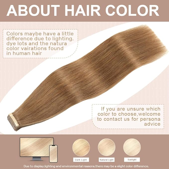 Tape in Hair Extensions Human Hair Tawny Brown 22 Inch 20Pcs Tape Ins for Women Straight Invisible Seamless Remy