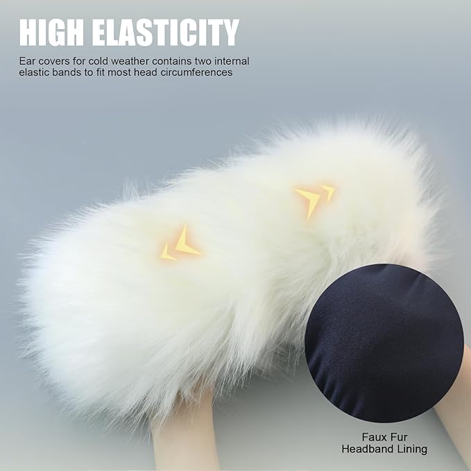 Faux Fur Headband for Women Elastic Fuzzy Thick Earmuffs Winter Headwrap Ear Muffs Furry Ear Warmers Cold Weather (White 1)