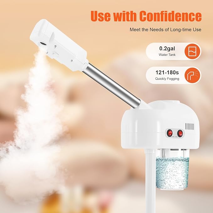 Professional Facial Steamer, 800W White Skin Care Equipment w/Wheels, 750ml Large Capacity Face Steamer Machine for Beauty Salon, Adjustable Height Hot Mist Steamer for Oily Dry Neutral Skin