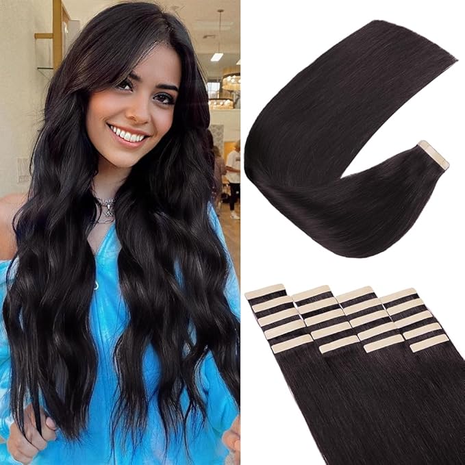 Tape in Hair Extensions Real Human Hair 24 Inch Natural Black Double Sided Tape for Skin Weft Hair Extension Invisible Tape in Hair Extensions Straight Remy Human Hair for Women 20pcs(1B#,24 Inch)