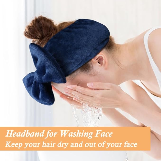 Shintop Face Wash Headband, Soft Spa Headband Carol Fleece Makeup Headwear with Cute Bow Elastic Hairband for Skincare Facial Mask Showers（Navy blue）