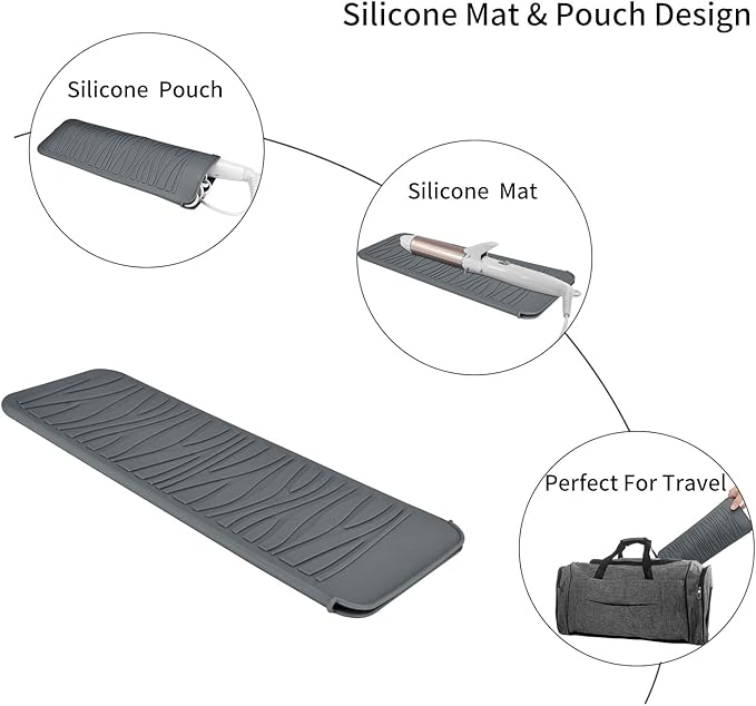 Heat Resistant Silicone Travel Mat Pouch for Hair Styling Tools, 2 Pack, 11 x 5 inches, Slip Resistant, Foldable, Easy-to-Clean, Multipurpose, Grey & Hot Pink