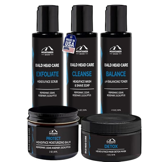 Mountaineer Brand Ultimate Bald Head Care Gifts Bundle For Men | All Natural 5 Step Skin Care for Healthy Scalp & Face | Exfoliate Scrub | Cleanse Wash | Shine Away | Moisturizing Balm | Detox