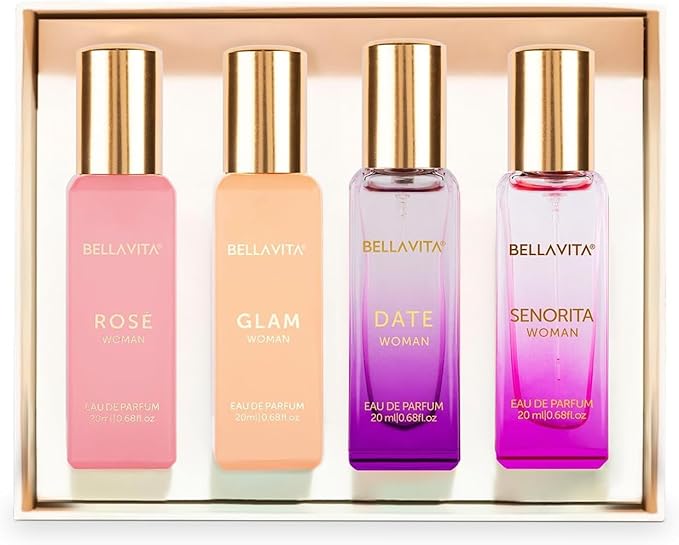 BellaVita Luxury Women's Perfume Gift Set (4x20ml) | Notes of Floral, Sweet, Spicey Red Fruit, Vanilla & Musk | DATE, SENORITA, GLAM & ROSE | French Parfum Collection Gift Set