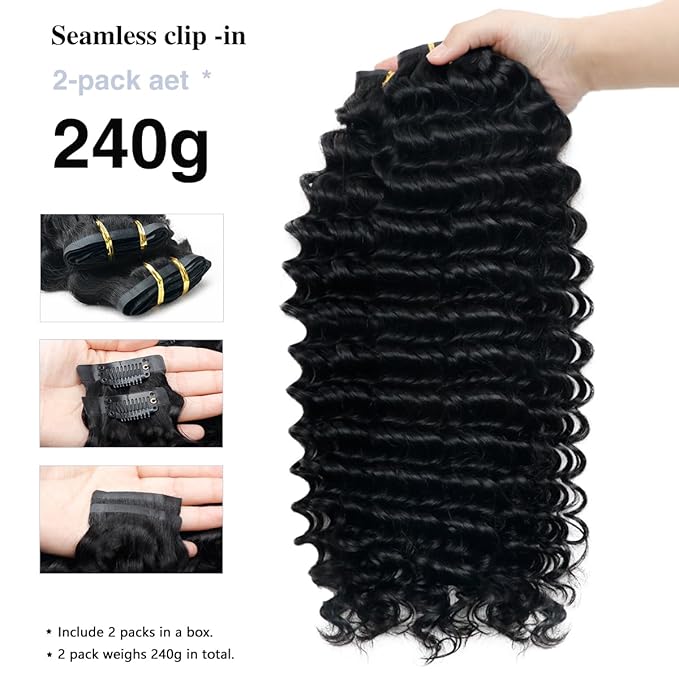 Deep Wave Clip in Hair Extensions Real Human Hair 2 Pack 240g Seamless Clip in Hair Extensions for Women Full Max with 16Pcs PU Thin Weft 16inch Natural Black